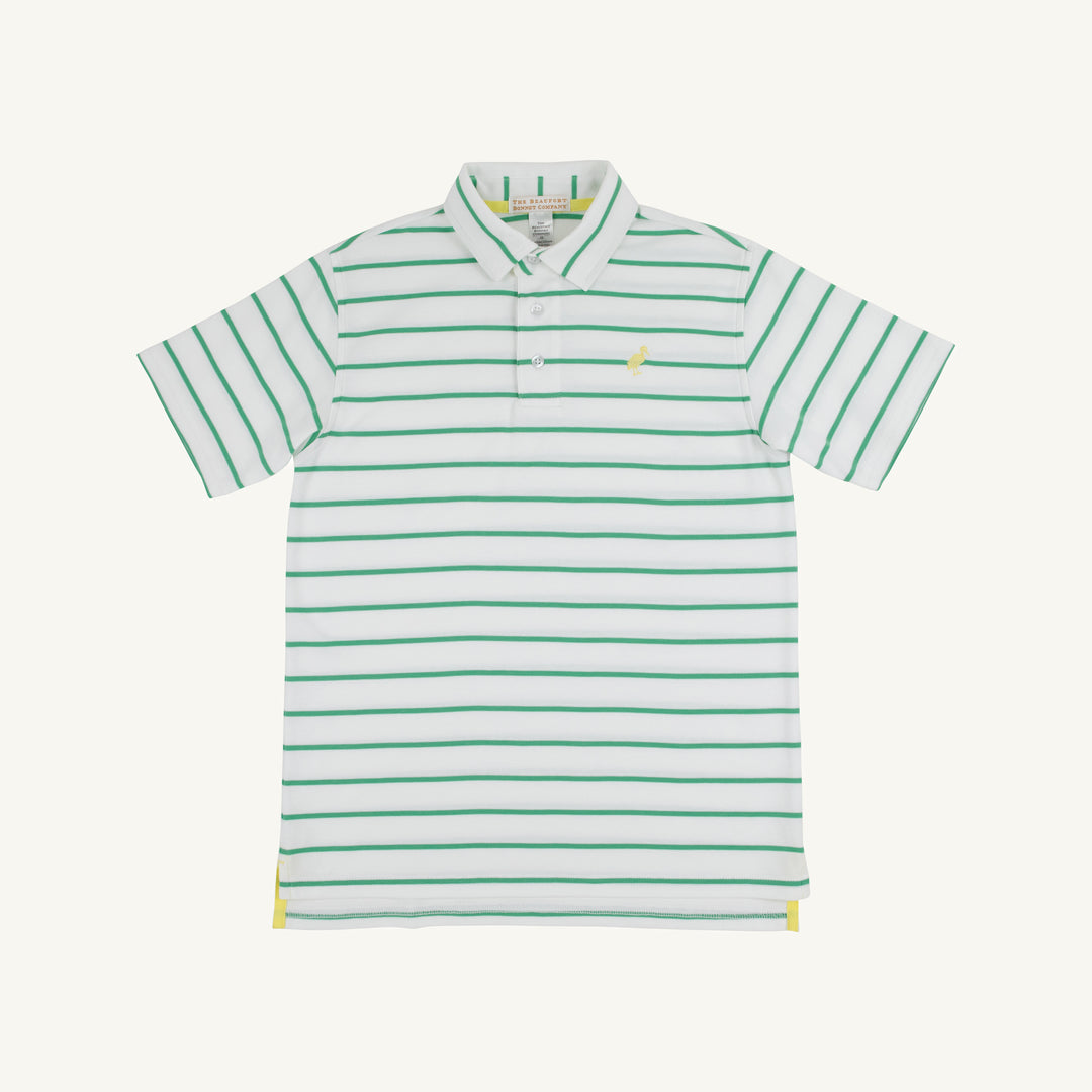 GREEN AND WHITE STRIPED SHORT SLEEVE POLO WITH YELLOW STORK