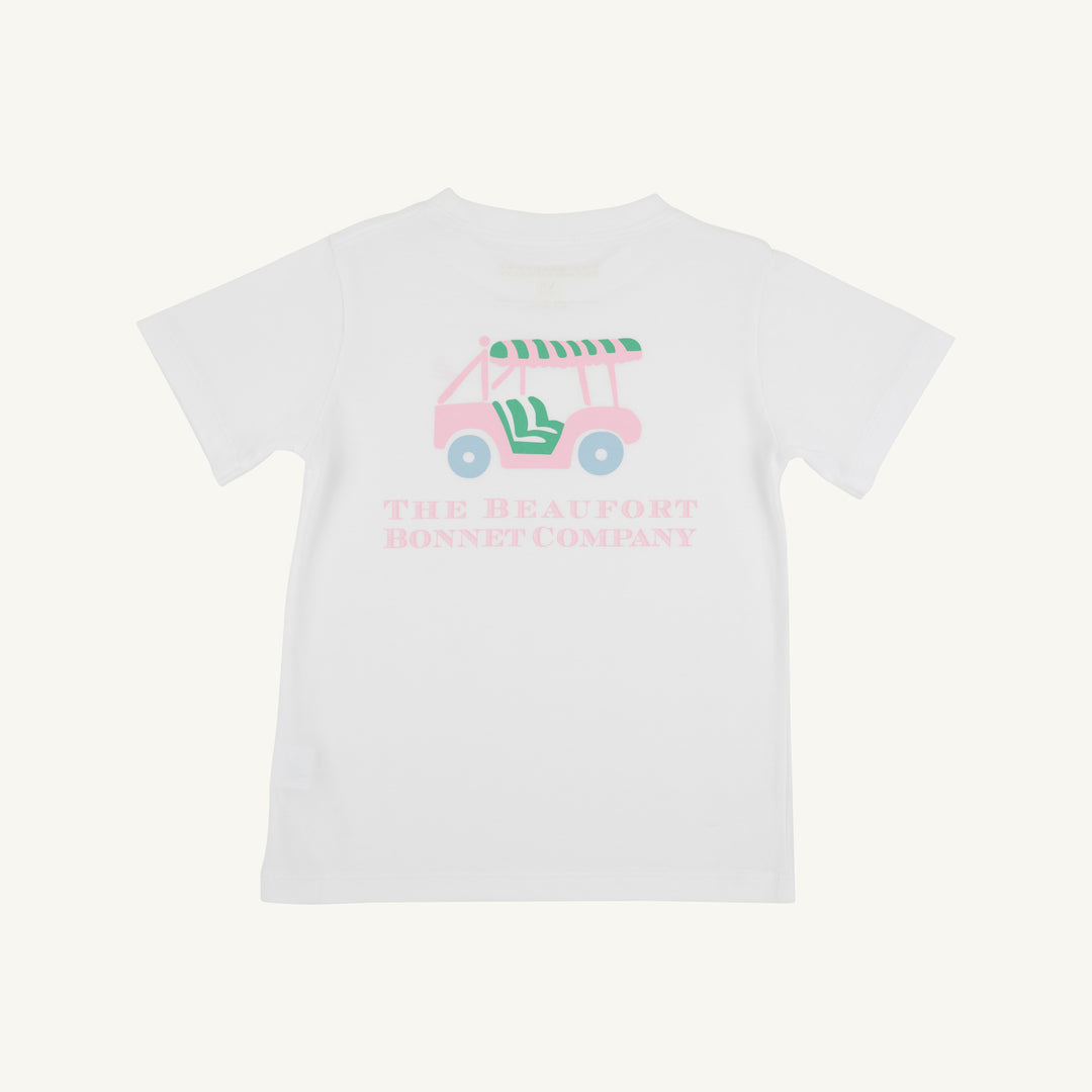 WHITE T-SHIRT WITH PINK AND GREEN GOLF CART