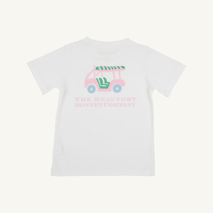 WHITE T-SHIRT WITH PINK AND GREEN GOLF CART