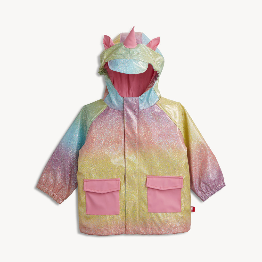 Colorful children's raincoat with unicorn design on a white background