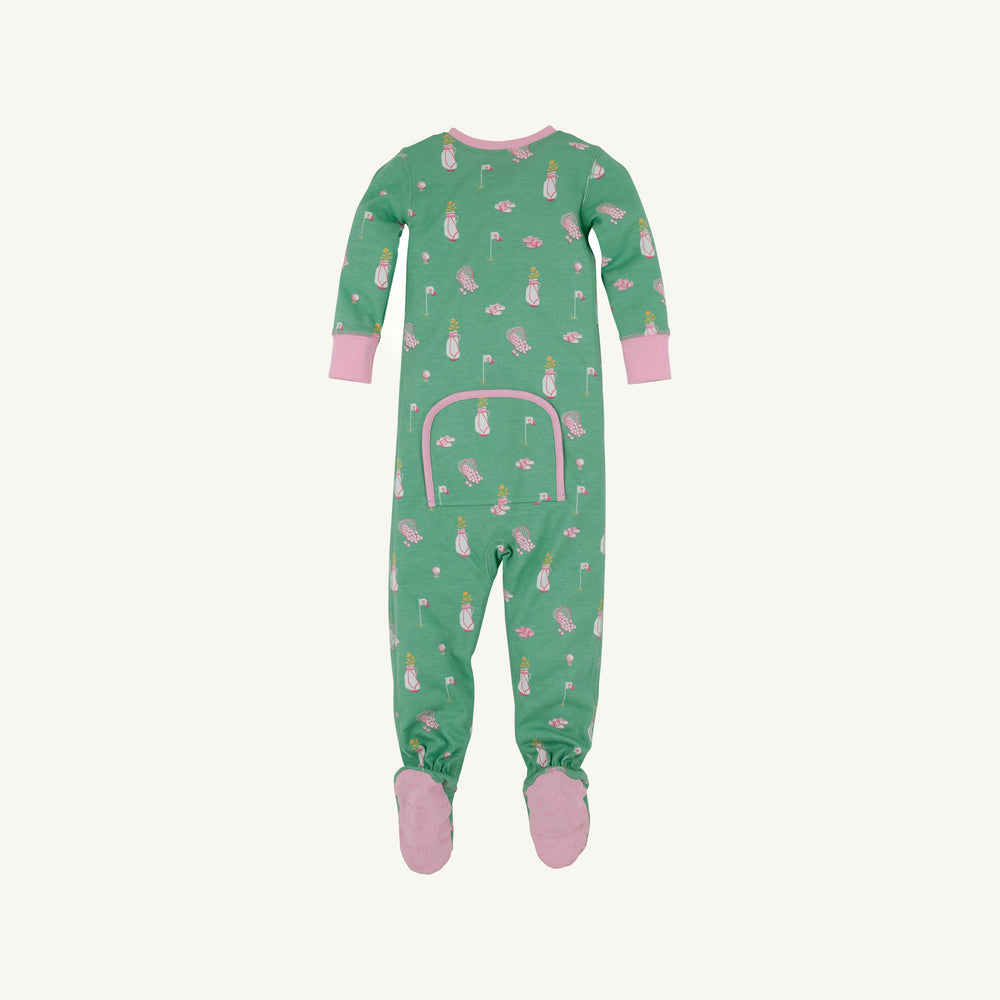 LONG SLEEVE GREEN FOOTIE PAJAMA WITH PINK GOLF MOTIF AND PINK TRIM FROM THE BACK