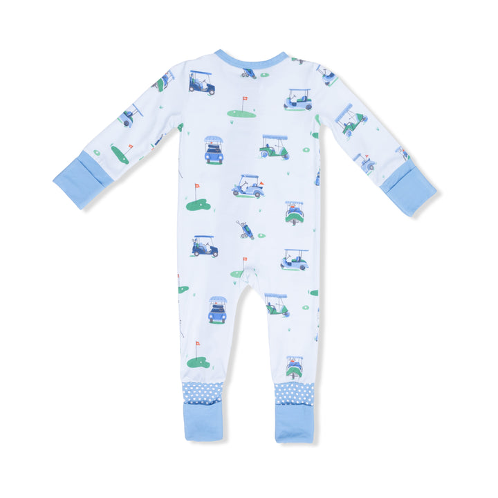 Baby onesie with golf cart pattern on a white background