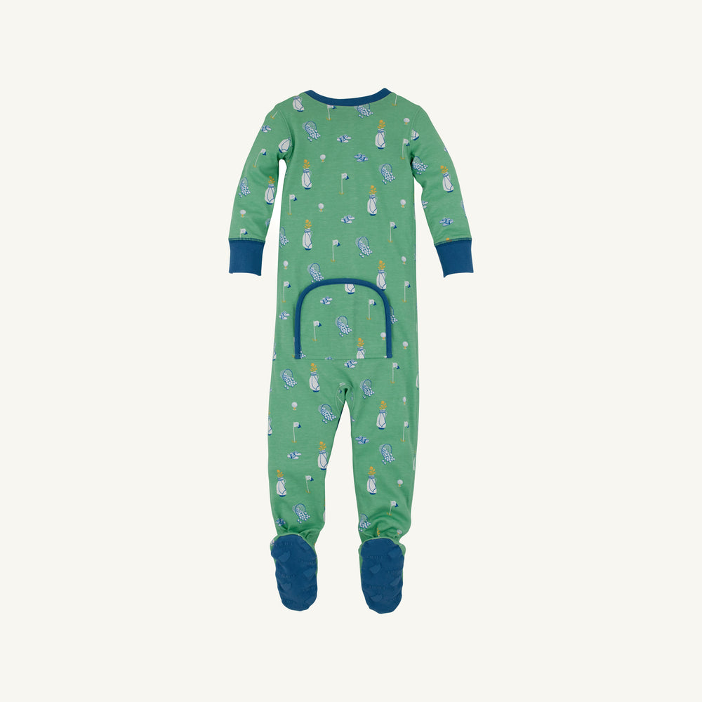 GREEN LONG SLEEVE FOOTIE PAJAMAS WITH GOLF MOTIF AND NAVY TRIM REAR VIEW