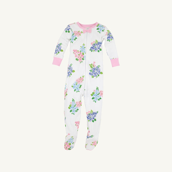 WHITE FOOTIES WITH PINK AND BLUE BOUQUETS AND PINK TRIM
