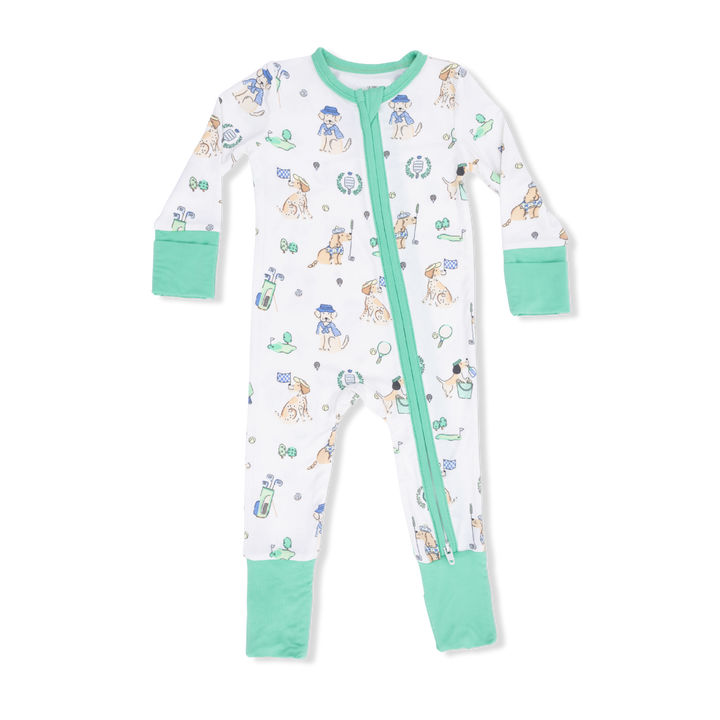 Baby onesie with dog pattern and green accents on a white background