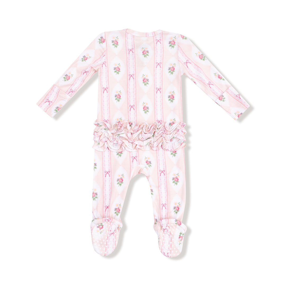 Pink baby onesie with floral pattern on a white background