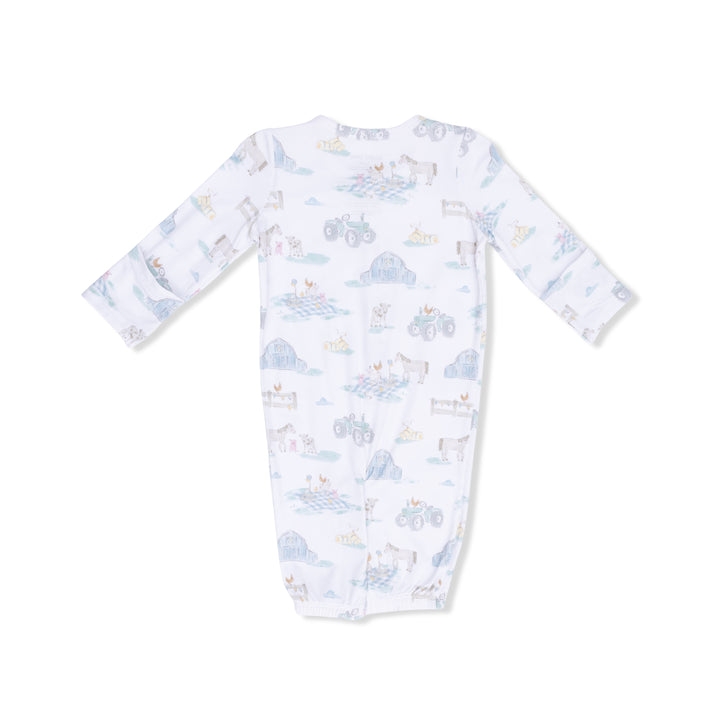 Baby onesie with farm pattern on a white background