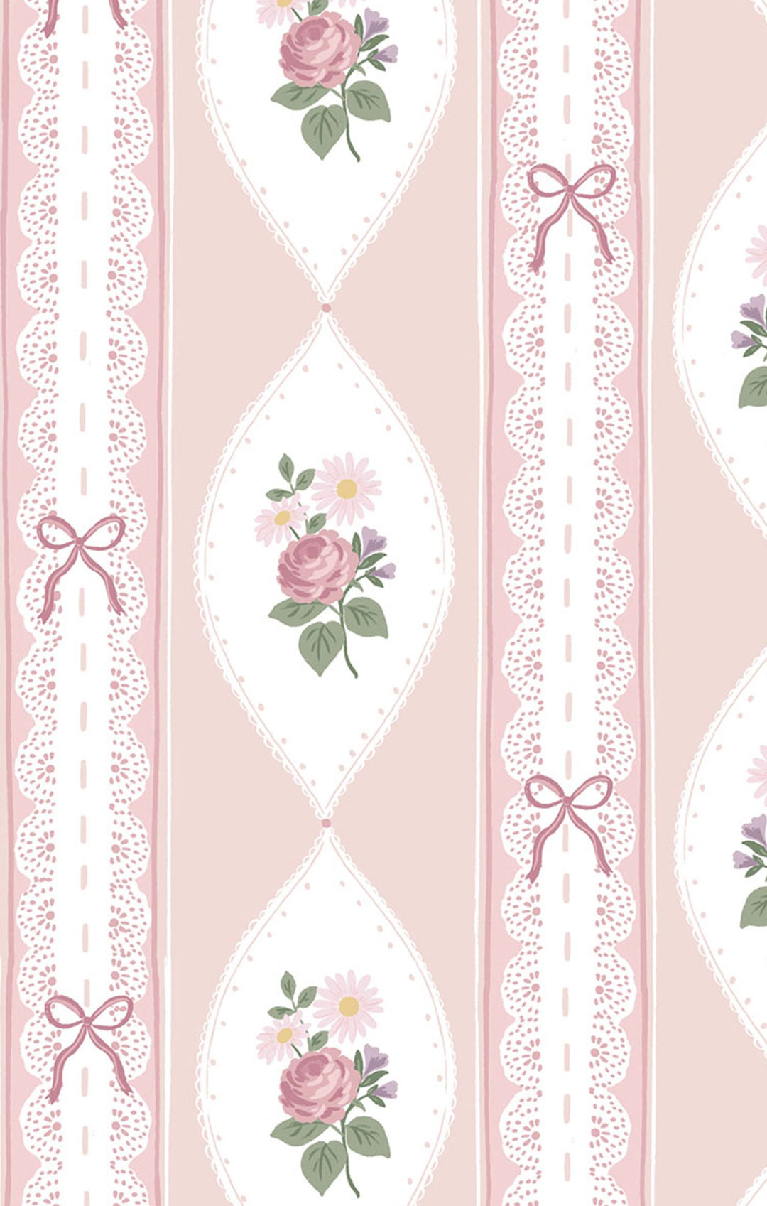 Decorative fabric swatch with floral and bow patterns on a pink background