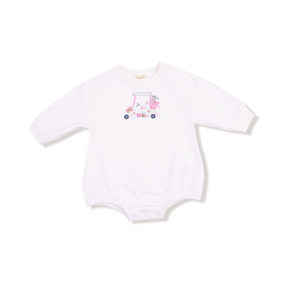 light pink baby onesie with a pink and blue design on a white background