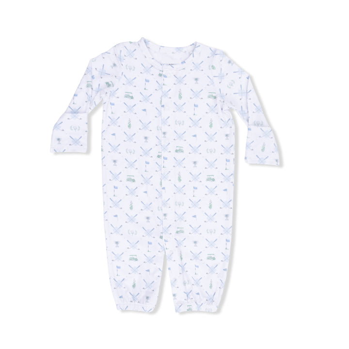 Baby onesie with golf pattern on a white background