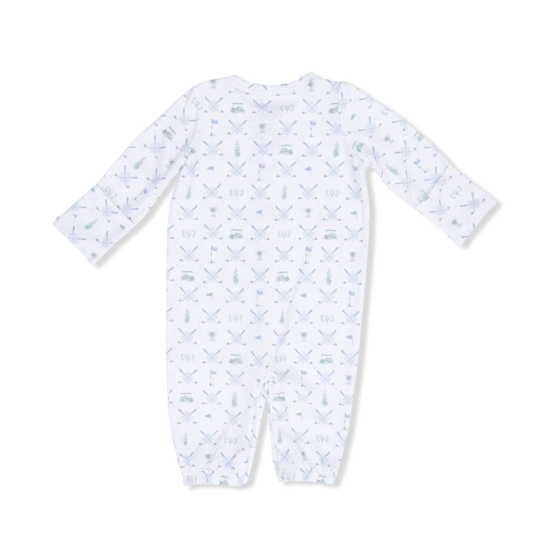 Baby onesie with golf pattern on a white background