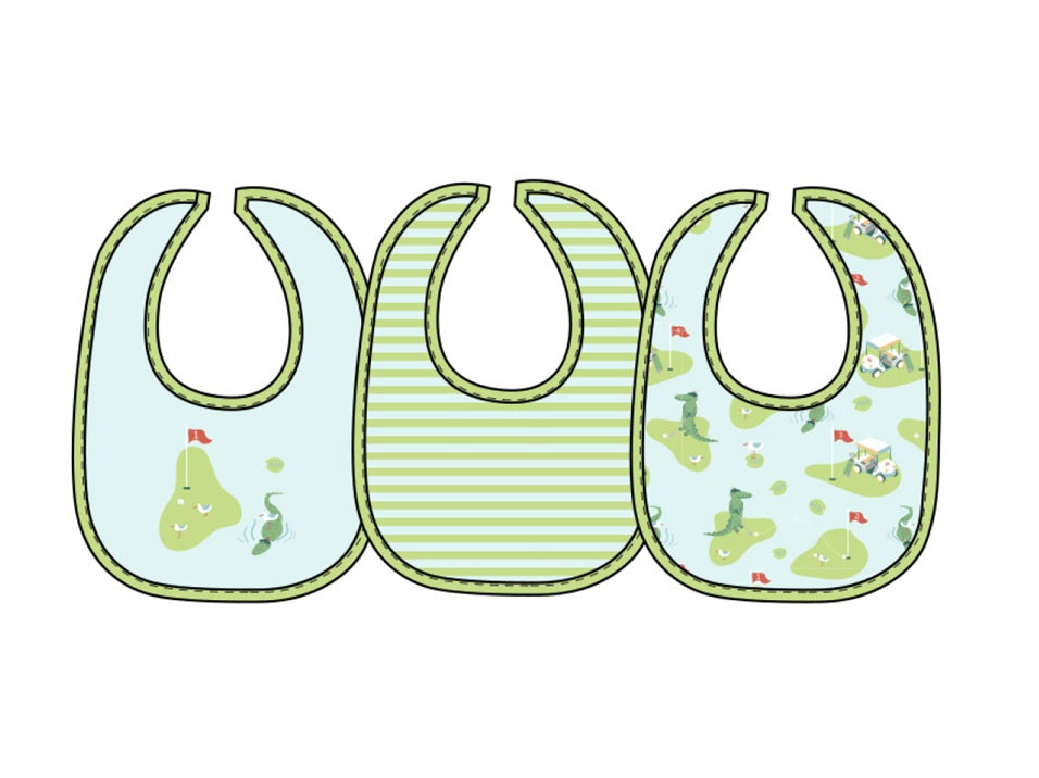 Three baby bibs lined up side by side on a plain white background. The left bib is light blue with a green outline and a golf graphic.