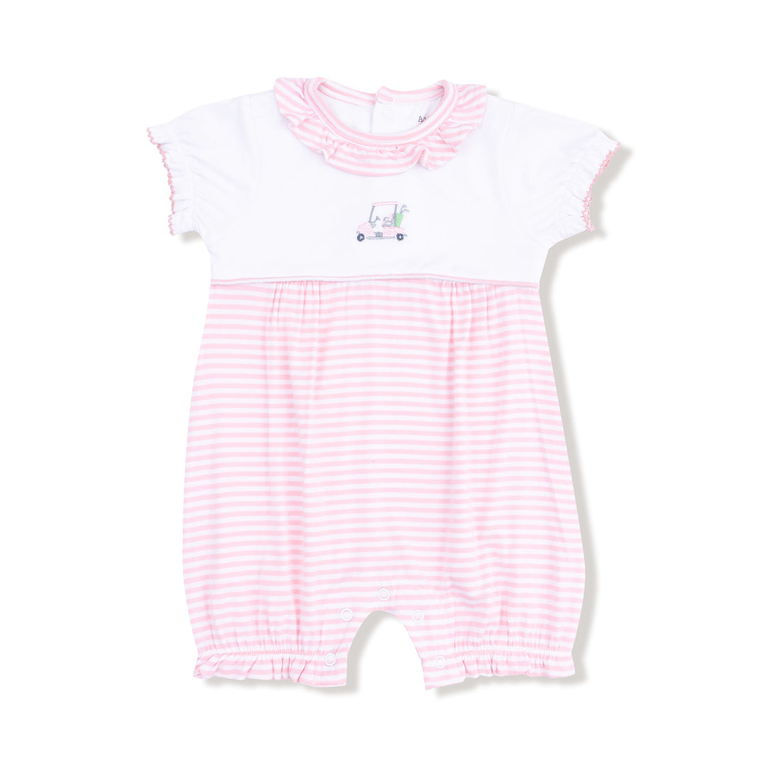 Pink and white striped baby romper with a small design on a white background