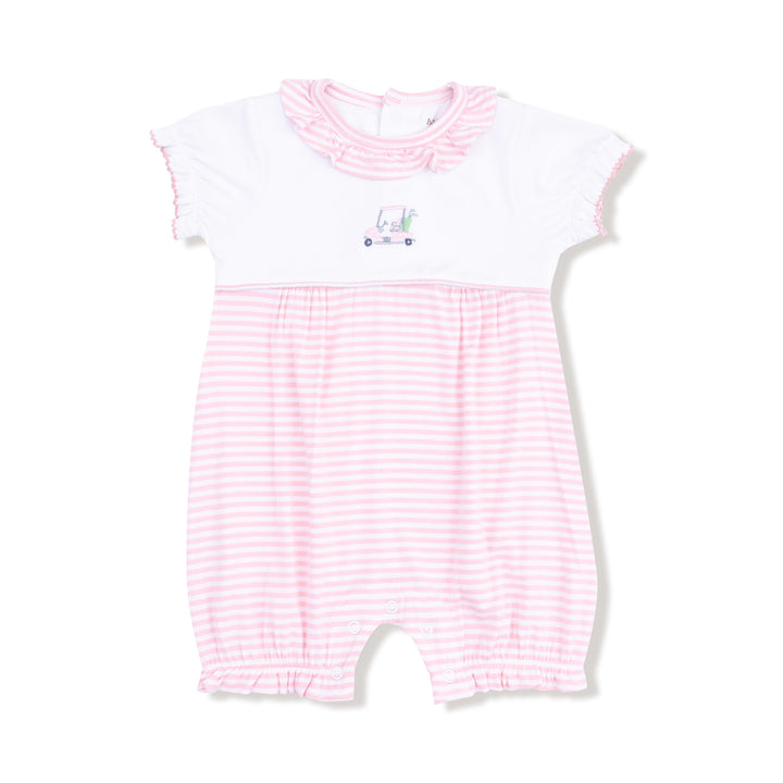 Pink and white striped baby romper with a small design on a white background