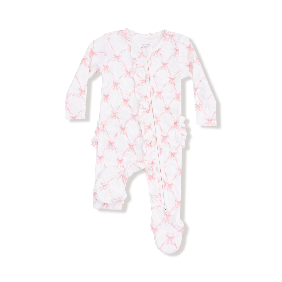Baby onesie with pink butterfly pattern on a white background