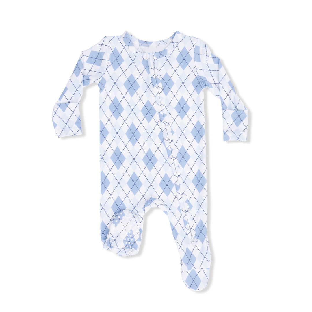 Baby onesie with blue argyle pattern on a white background