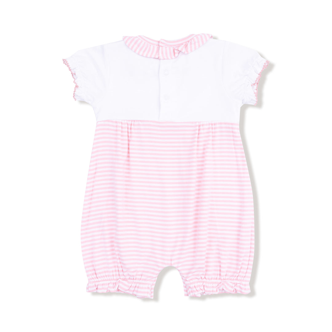 Pink and white striped baby romper on a white background