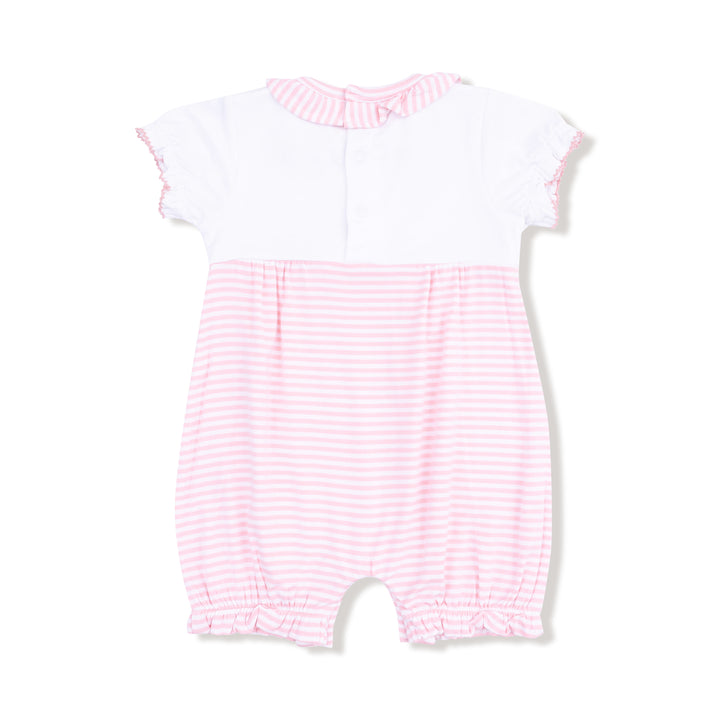 Pink and white striped baby romper on a white background