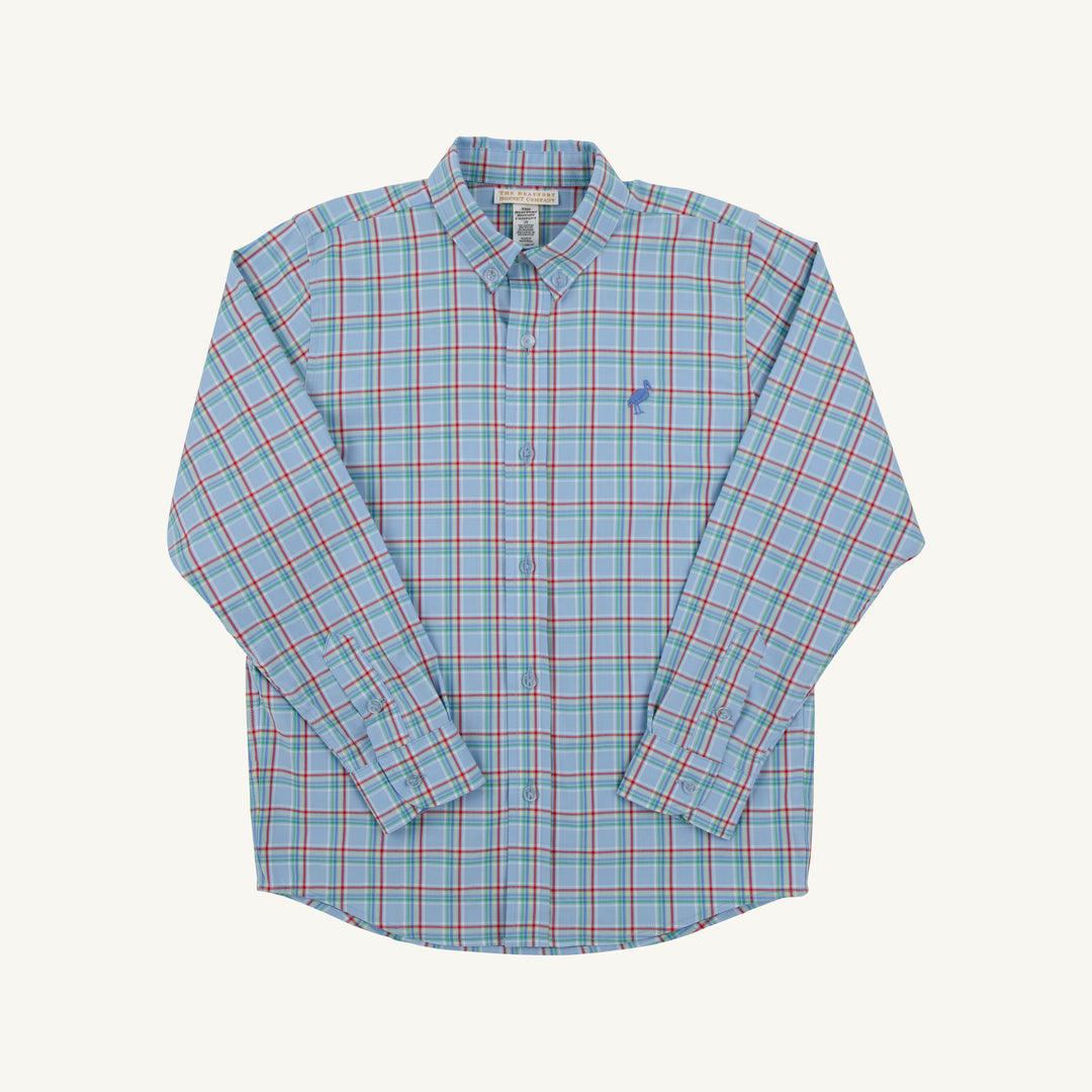PLAID BLUE BUTTON DOWN BOYS SHIRT ON WHITE BACKGROUND