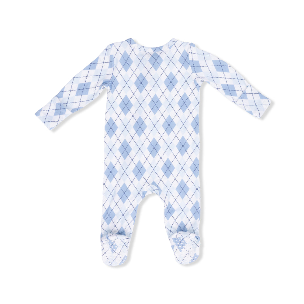 Baby onesie with blue argyle pattern on a white background