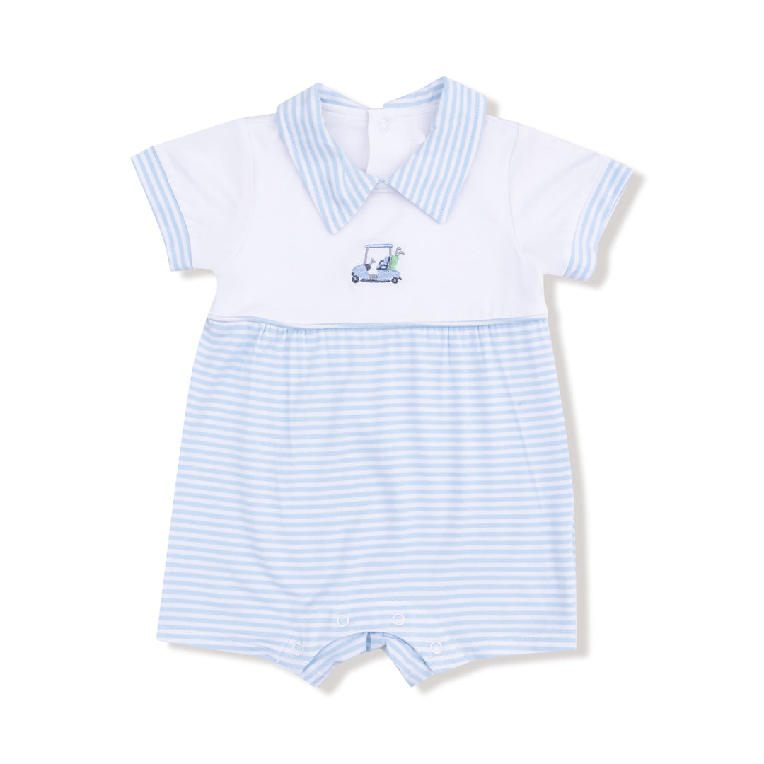 Baby romper with blue and white stripes and a small graphic on a white background