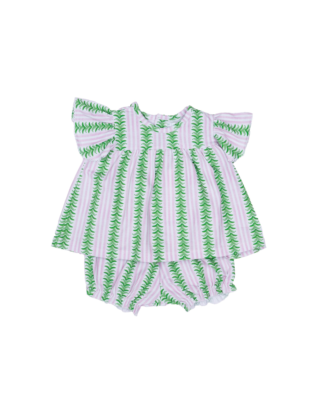 PINK AND GREEN TRELLIS STRIPE BLOOMER SET WITH RUFFLE SLEEVE