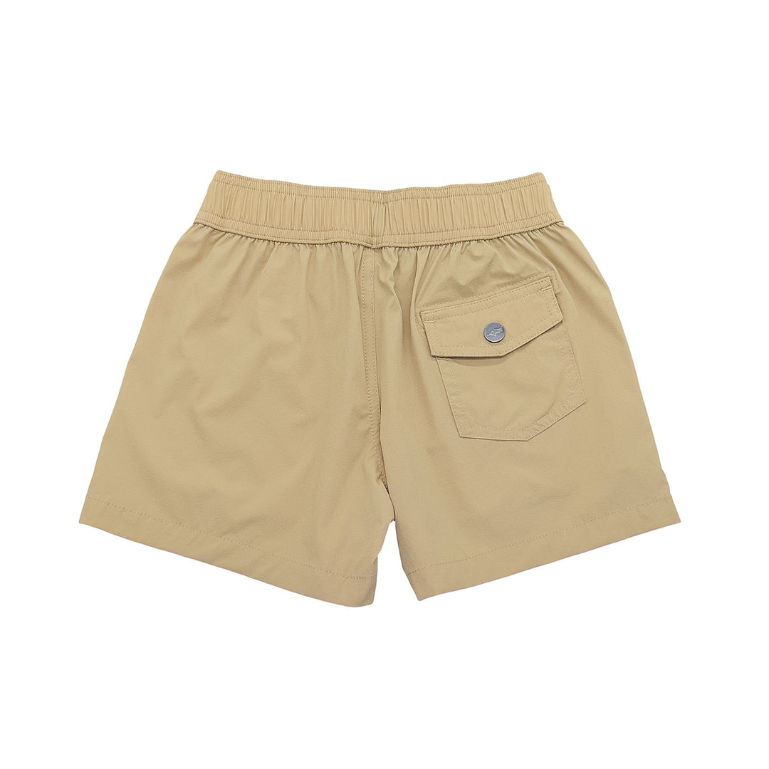 back of khaki shorts with single pocket