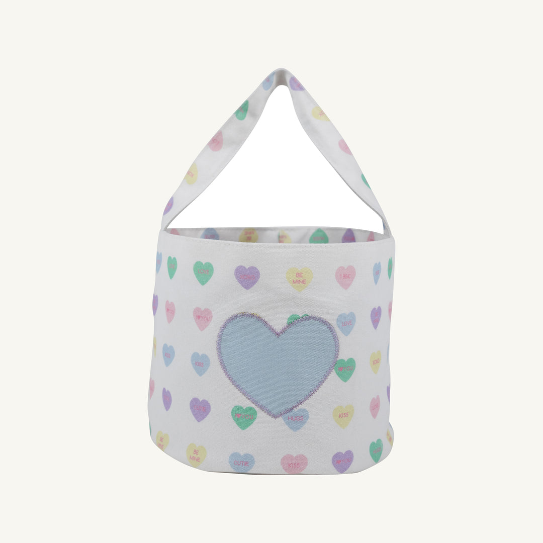 BASKET WITH BLUE/LAVENDER HEART WITH COLORFUL HEARTS THROUGHOUT