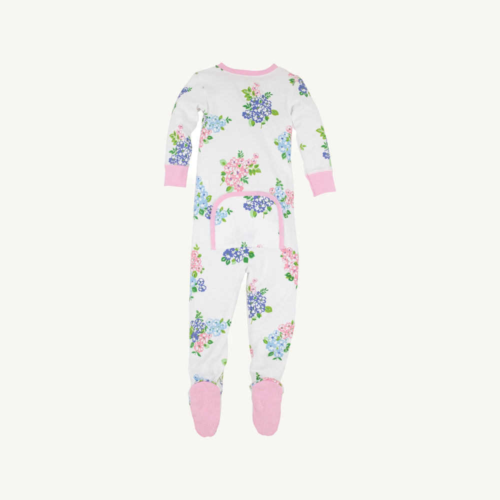 WHITE FOOTIES WITH PINK AND BLUE BOUQUETS AND PINK TRIM