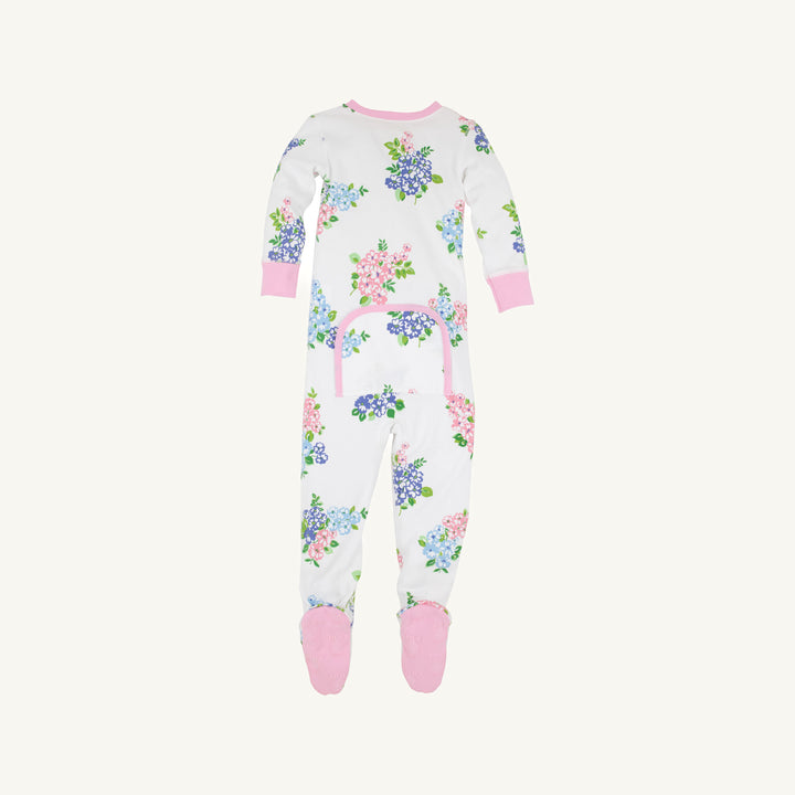 WHITE FOOTIES WITH PINK AND BLUE BOUQUETS AND PINK TRIM