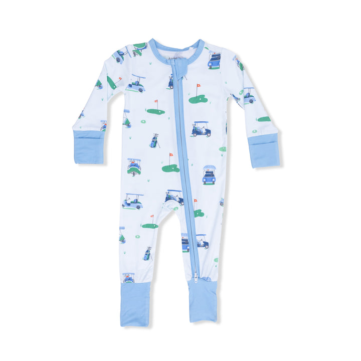 Baby onesie with golf cart pattern on a white background
