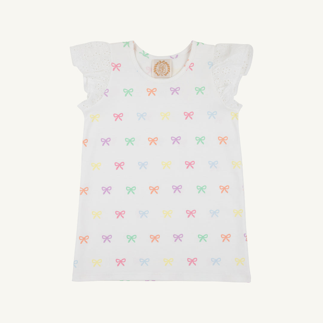 LITTLE GIRLS WHITE EYELET TOP WITH MULTI COLOR BOWS ALL OVER