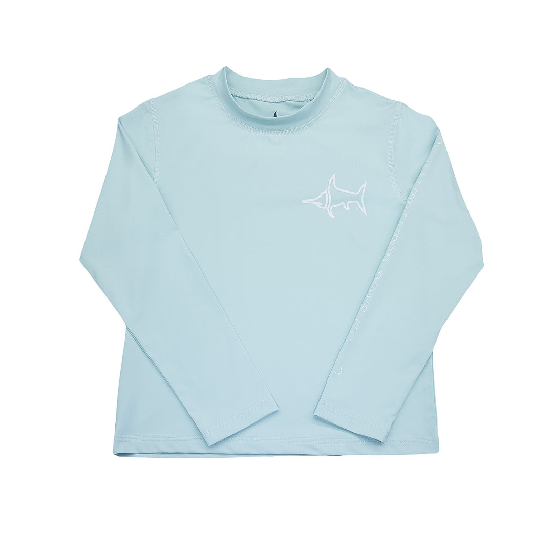 Light blue long-sleeve shirt with a white logo on a white background