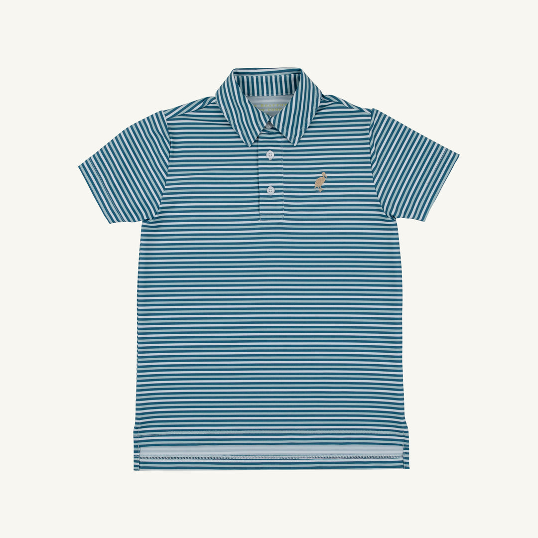 BLUE SUMNER COUNTY STRIPE PREPLETIC PRIM & PROPER POLO ON WHITE BACKGROUND SHORT SLEEVE