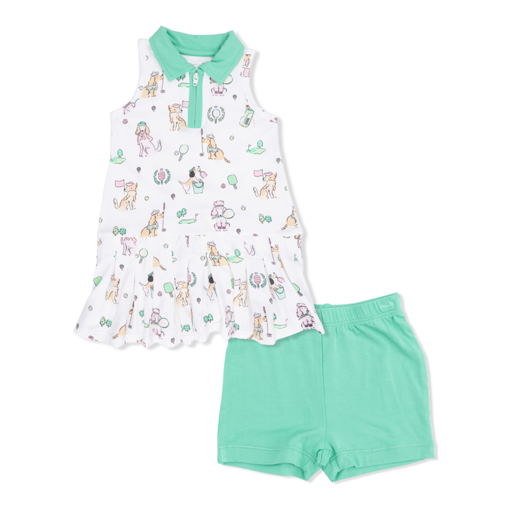 Children's sleeveless top and shorts set with tennis-themed design on a white background