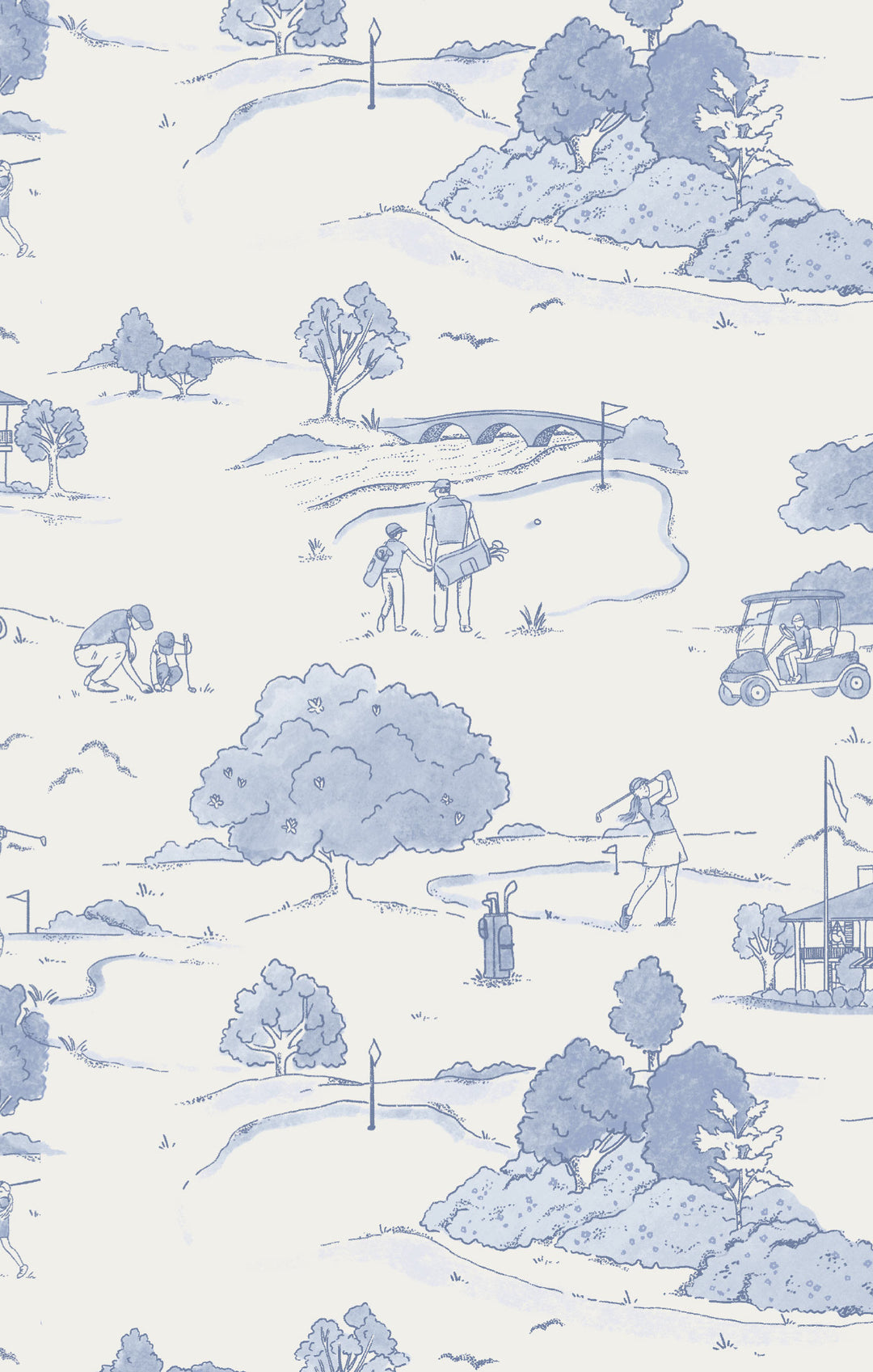 Golf-themed fabric with blue illustrations of a golf course on a white background