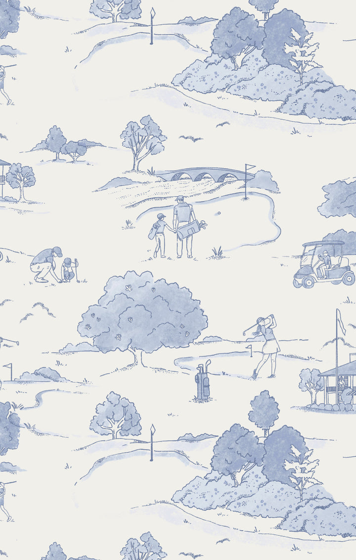 Golf-themed fabric with blue illustrations of a golf course on a white background