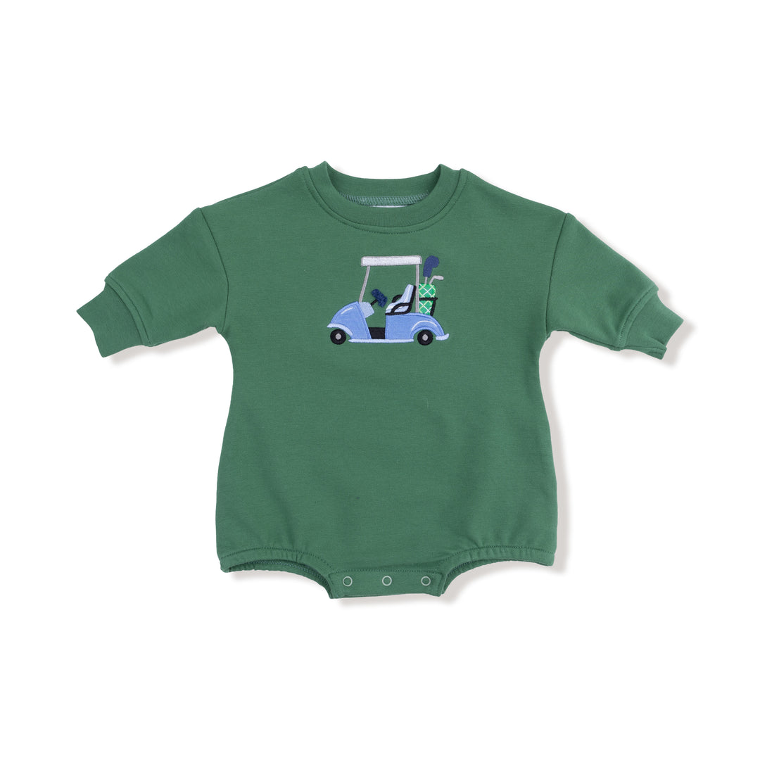 Green baby onesie with a golf cart design on a white background