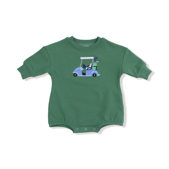 Green baby onesie with a golf cart design on a white background