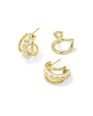 JANE HUGGIE EARRINGS, GOLD WHITE ENAMEL