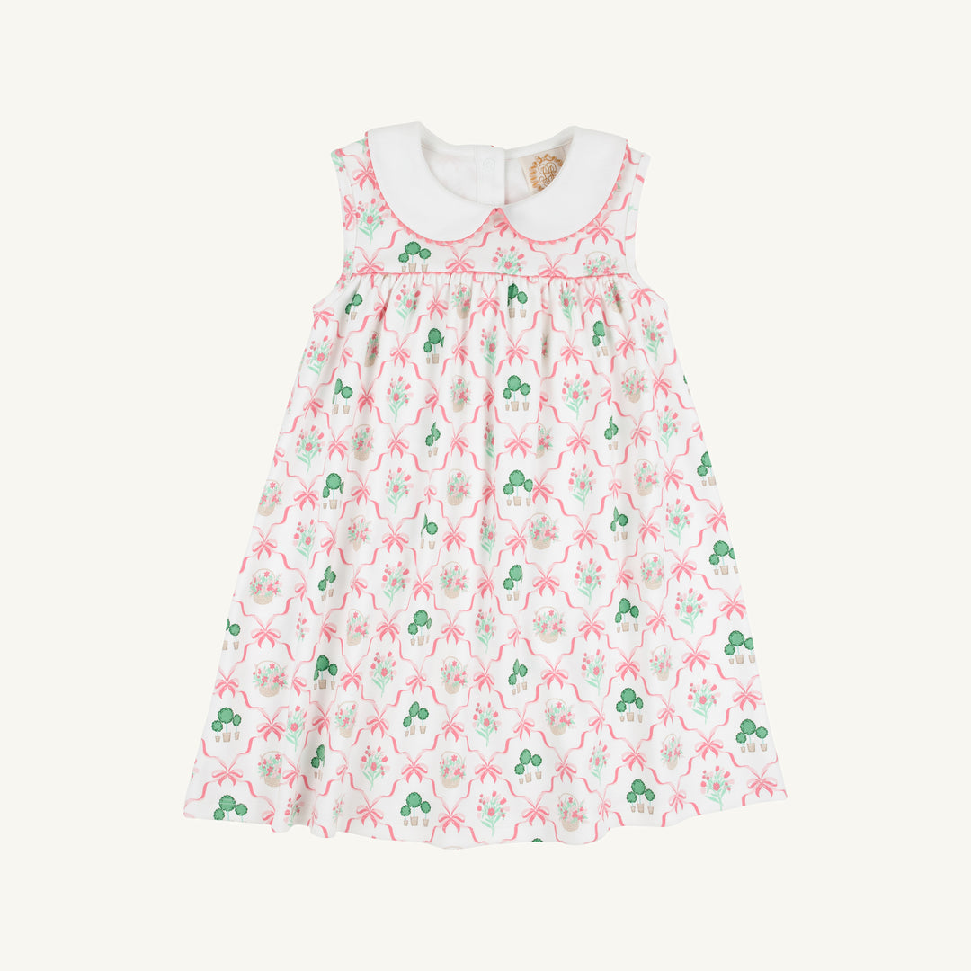 SLEEVELESS PINK GIRLS DRESS WITH GREEN TOPIARIES