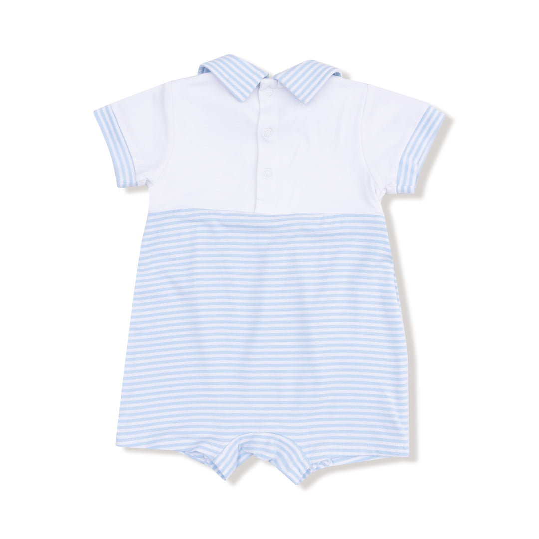 Baby romper with light blue stripes on a white background