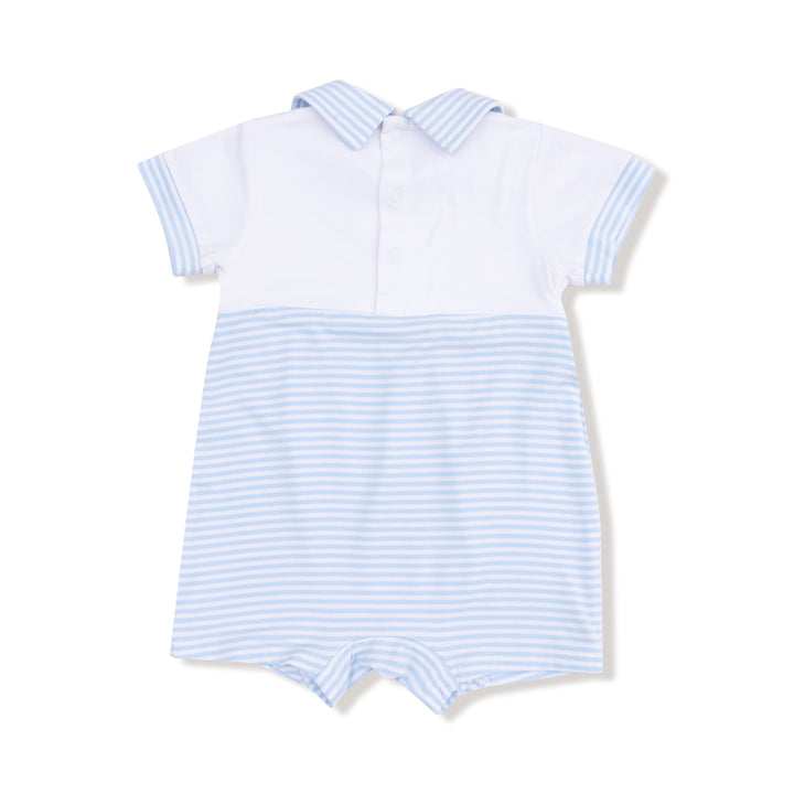 Baby romper with light blue stripes on a white background