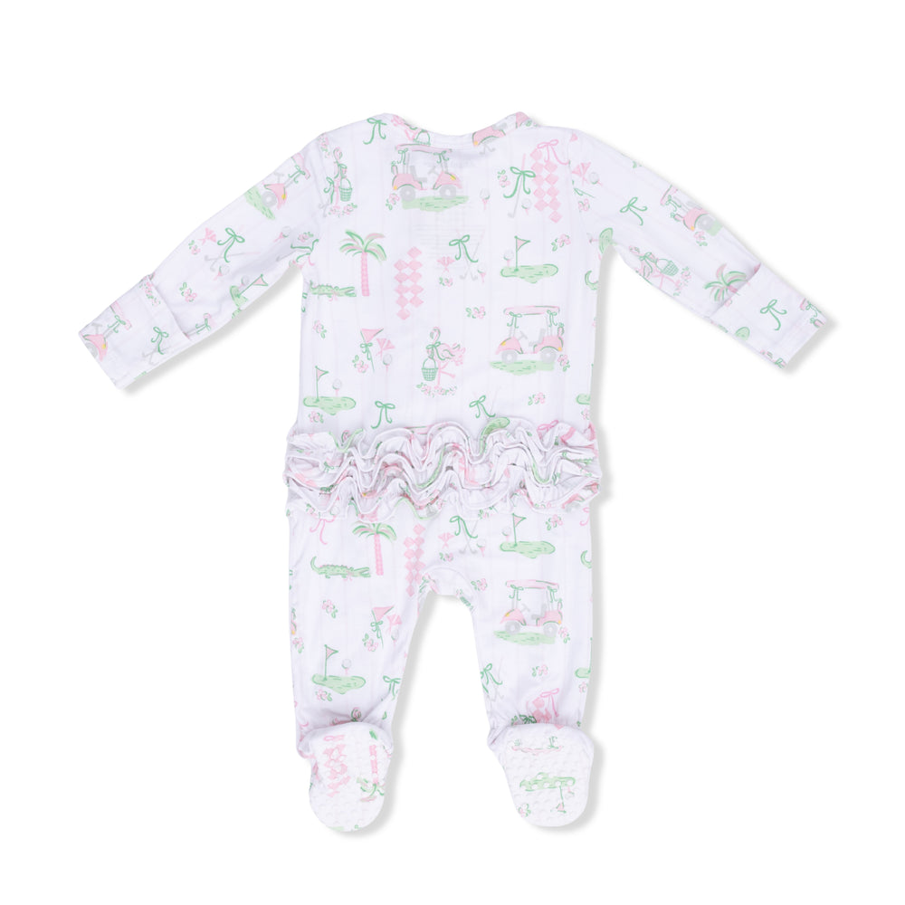 Baby onesie with a golff pattern on a white background