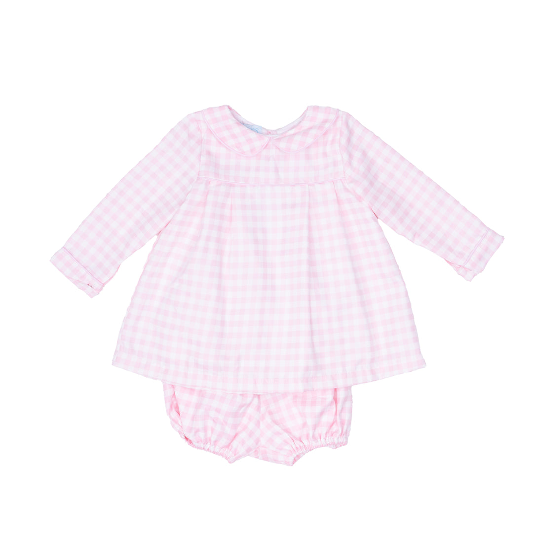 Pink checkered baby romper on a white background
