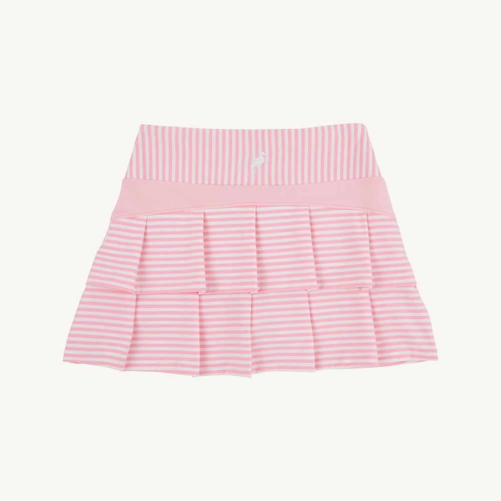 PINK AND WHITE STRIPED GIRLS SKORT WITH RUFFLE BACK ON WHITE BACKGROUND