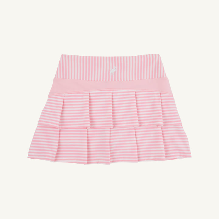 PINK AND WHITE STRIPED GIRLS SKORT WITH RUFFLE BACK ON WHITE BACKGROUND
