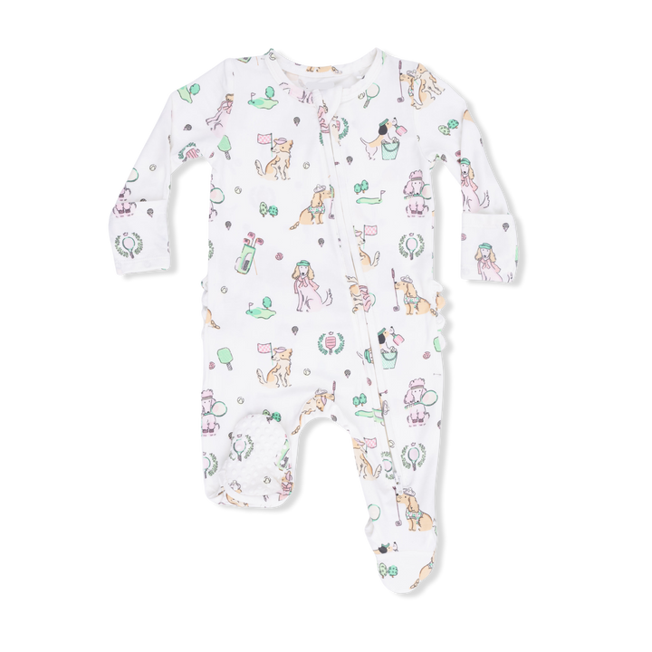 Baby onesie with colorful animal pattern on a white background