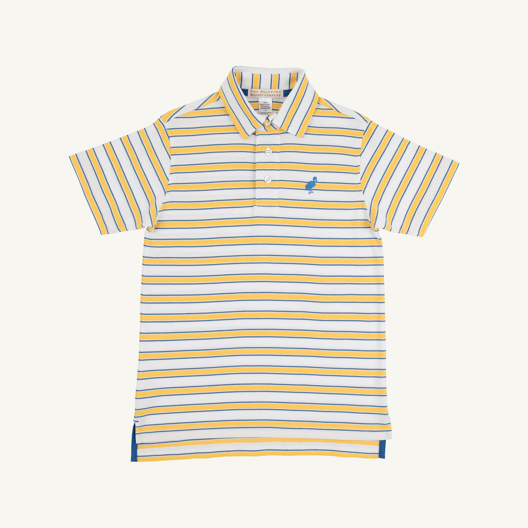 Yellow and white striped polo shirt on a white background
