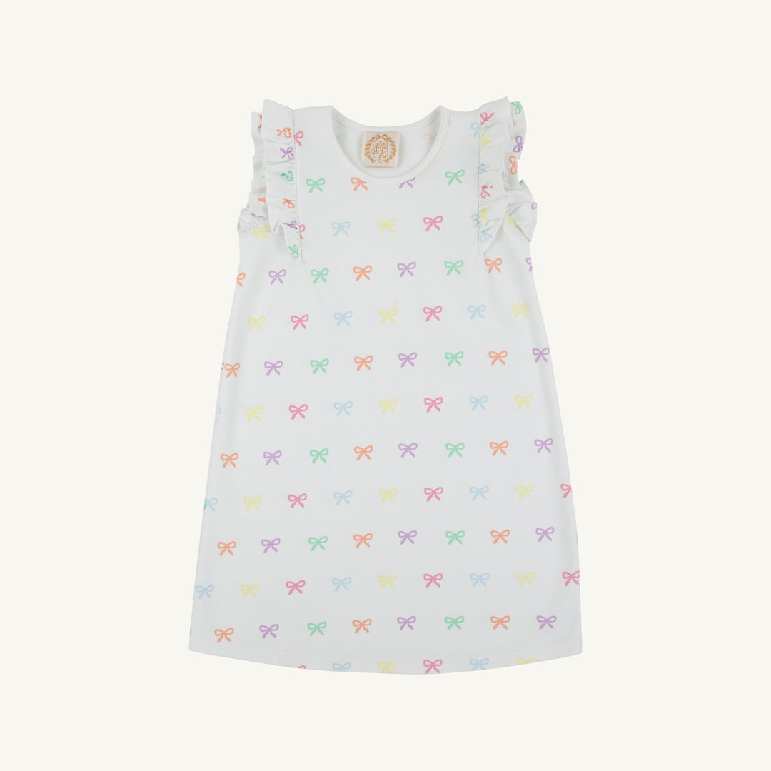 LITTLE GIRLS WHITE EYELET DRESS WITH MULTI COLOR BOWS ALL OVER